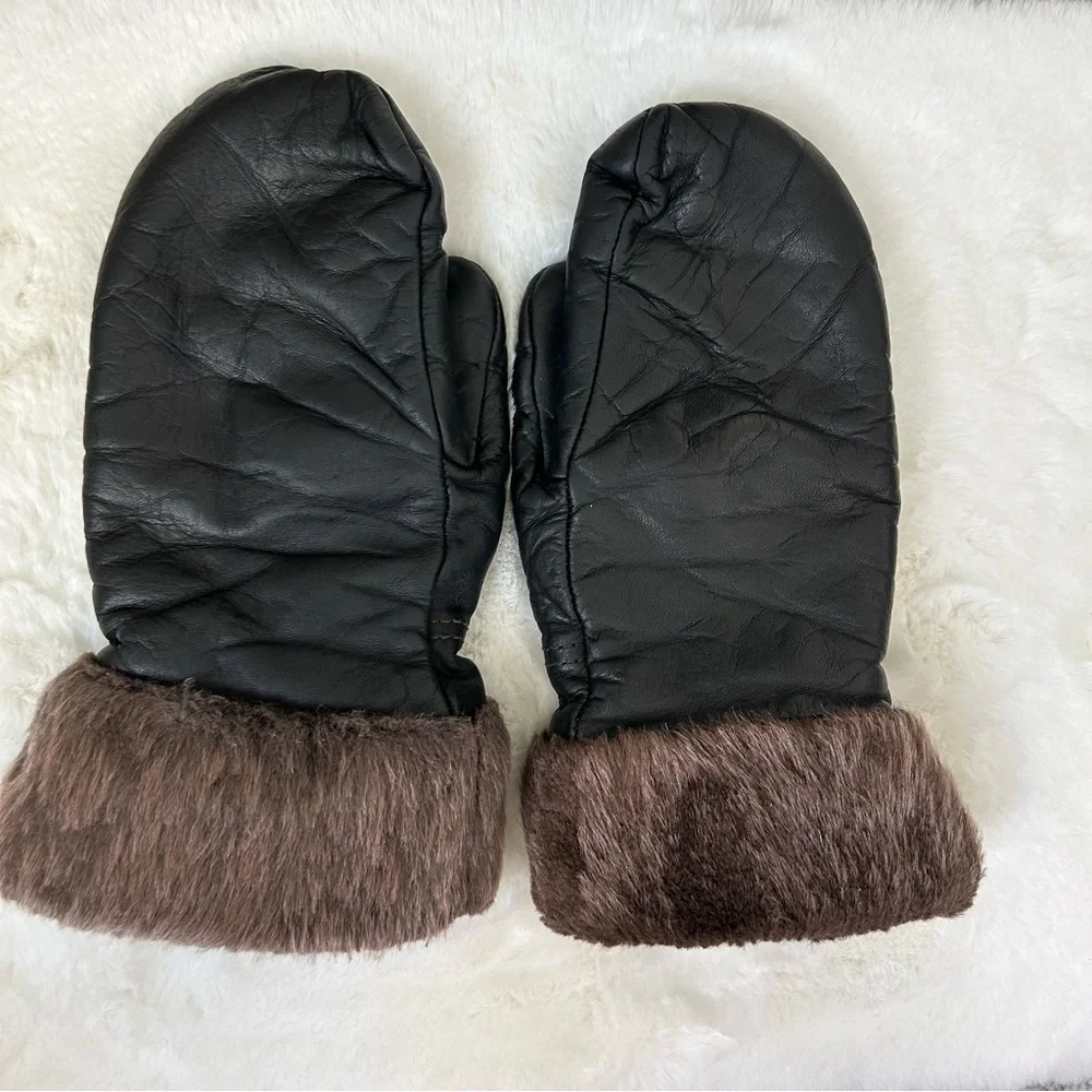 KOMBI Vintage Women’s Leather Mittens Black Faux Fur Cuff Lined S + BONUS Gloves